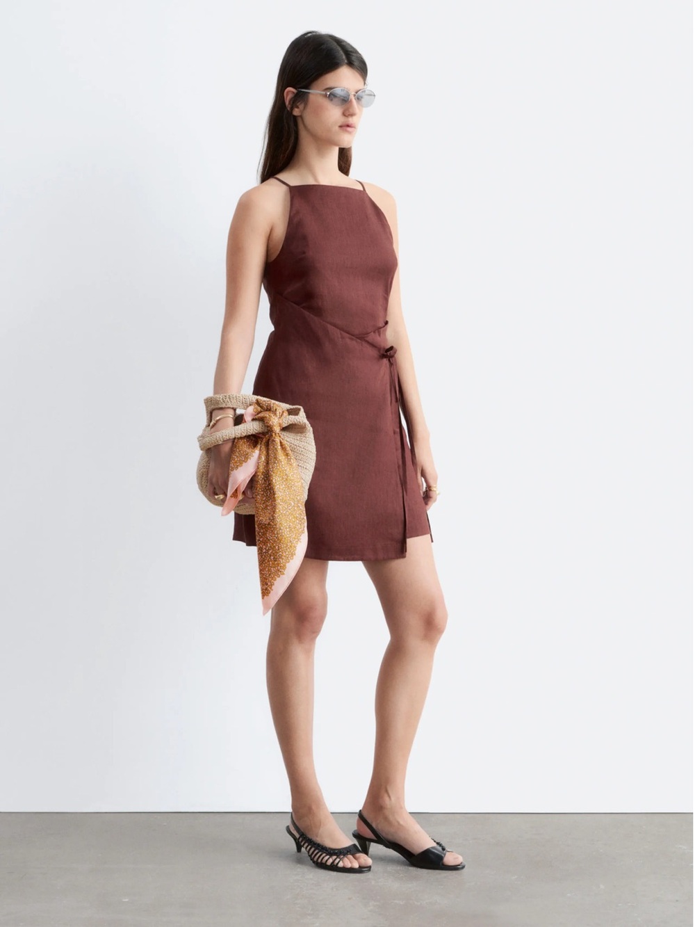 Sleeveless Brown Mini Wrap Dress